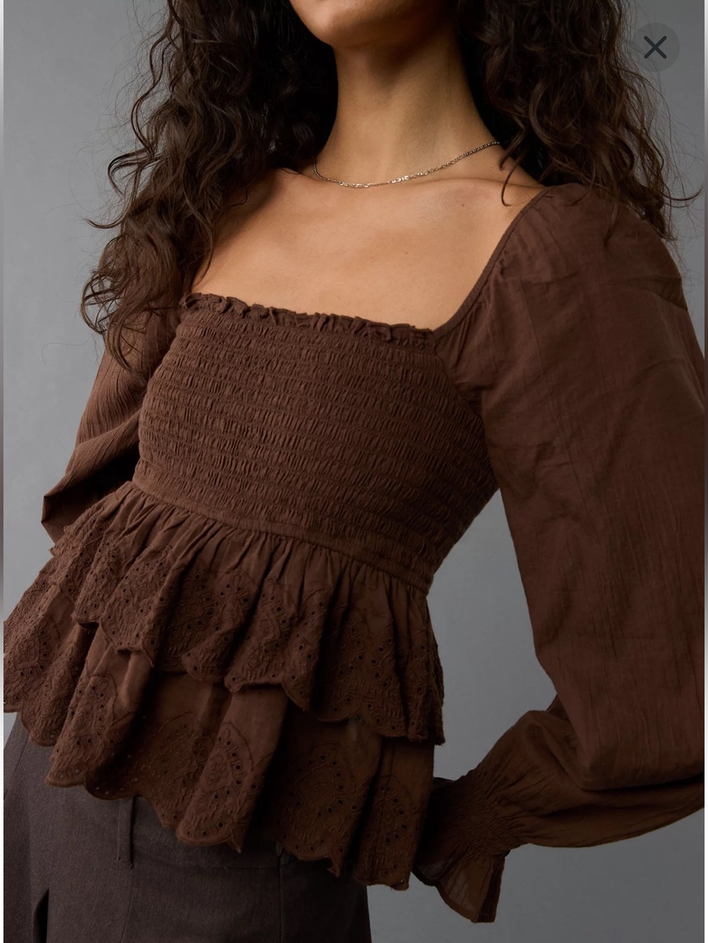 American Eagle Long-Sleeve Smocked Tiered Top in Brown Size Medium NWT